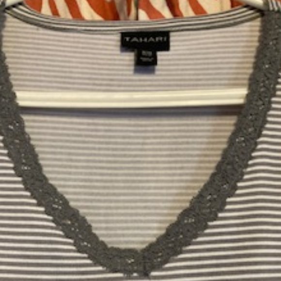 Tahari Nightshirt, greyand white tiny stripes, lace collar and side slits, Med. - Picture 2 of 7